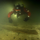 A diver in red approaches shipwreck timber underwater.